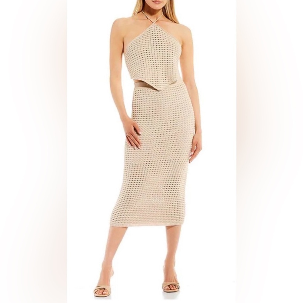 NWT Gianni Bini Tan Crochet Edie Skirt Set Halter Top Natural Midi Skirt L Large